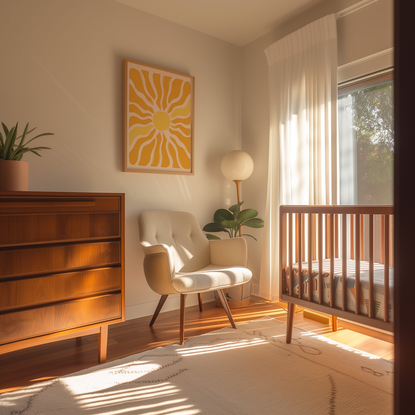 Cozy nursery room with a crib, armchair, and warm sunlight filtering through the window.