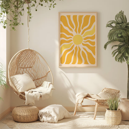 A cozy room with a hanging wicker chair, sun artwork, and potted plants.