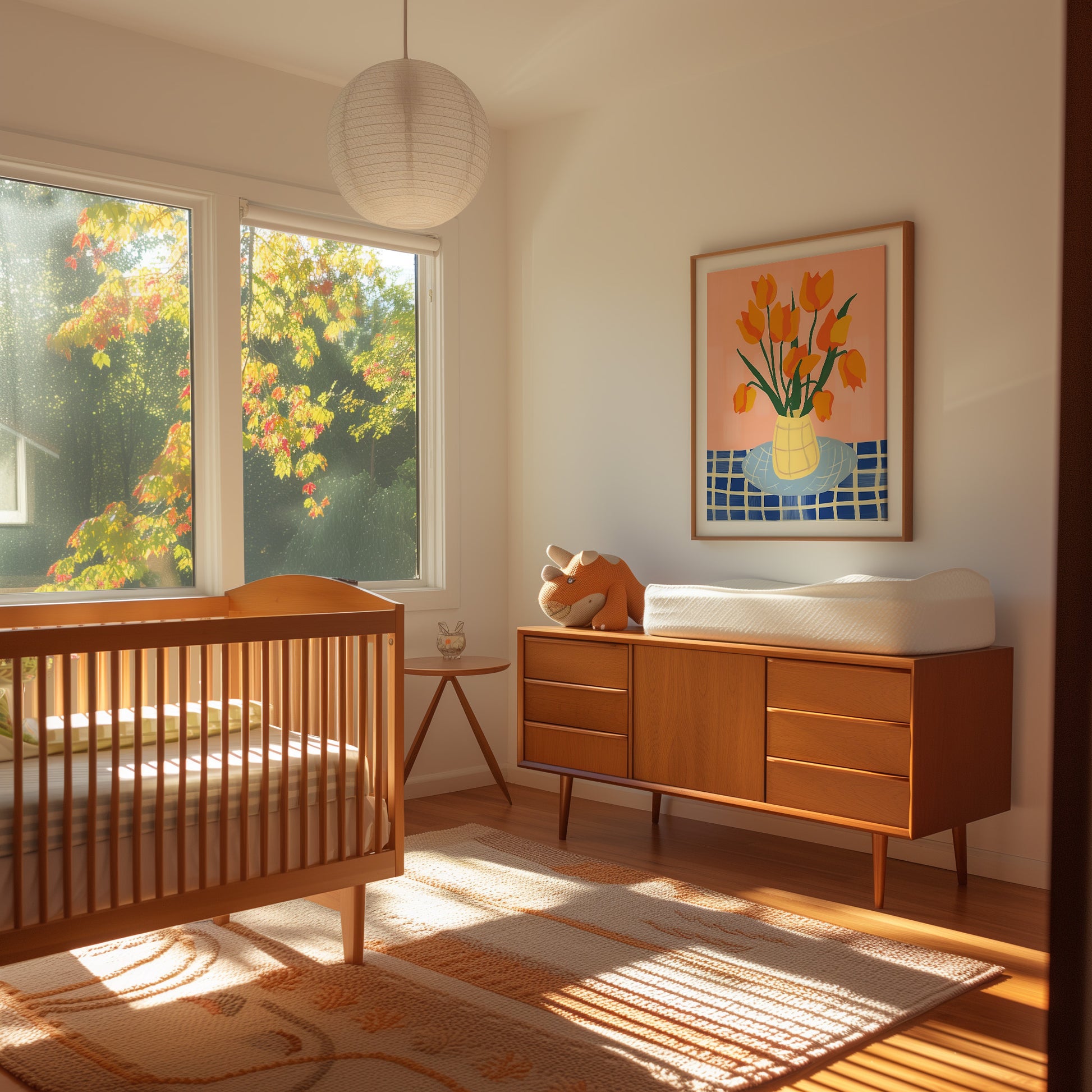 A cozy bedroom with wooden furniture, an orange rug, and a large window with autumn leaves outside.