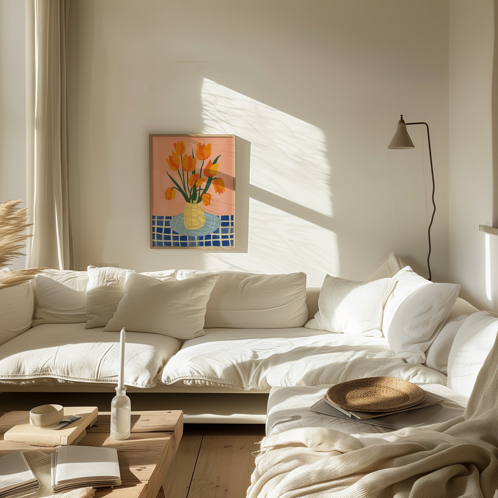 A cozy living room bathed in sunlight with a plush sofa, wall art, and warm accents.