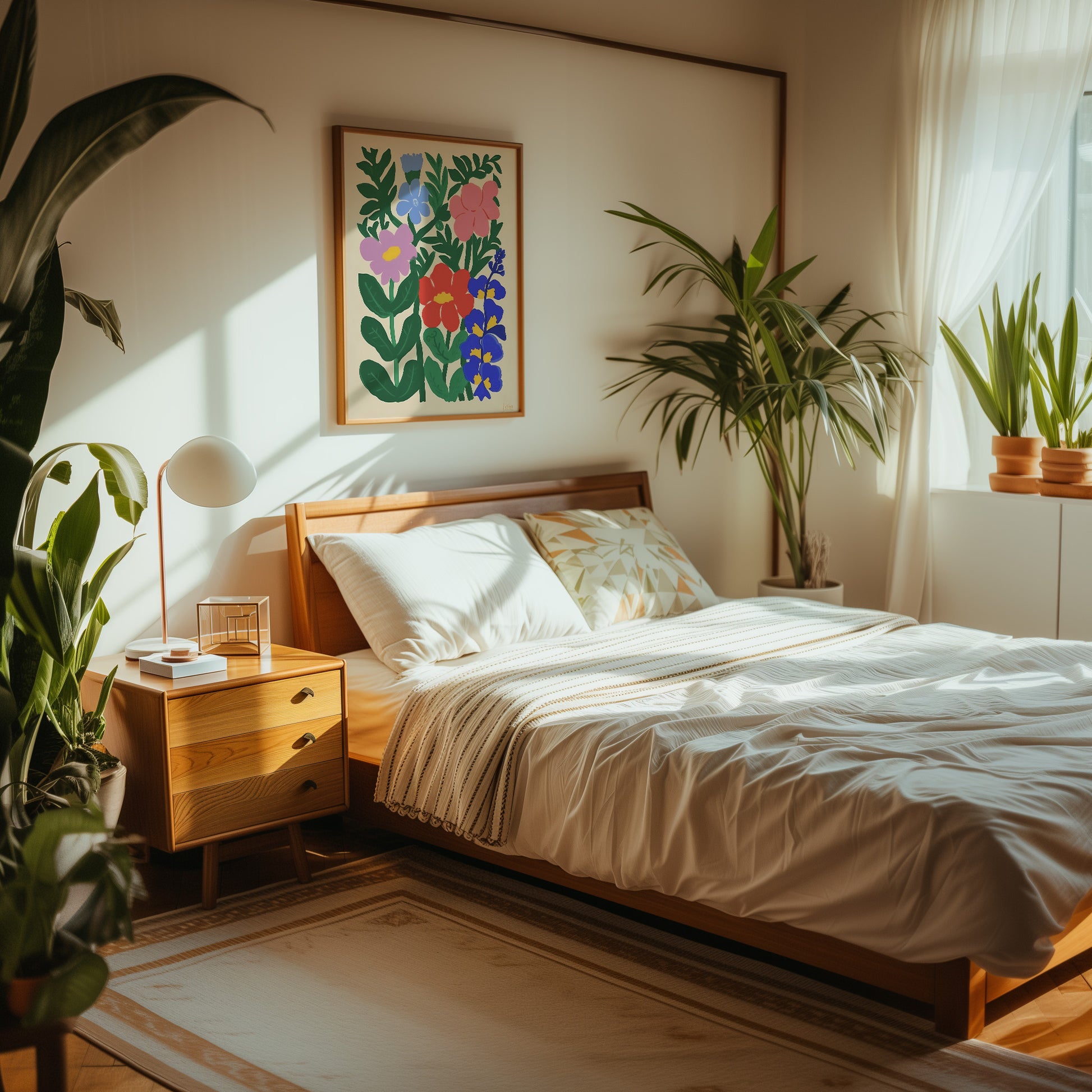A cozy bedroom with sunlight streaming in, featuring a neat bed and a floral painting on the wall.