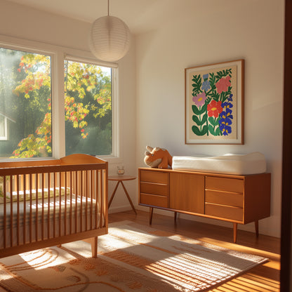 A cozy bedroom with a wooden bed, dresser, a large window with autumn trees outside, and warm sunlight.