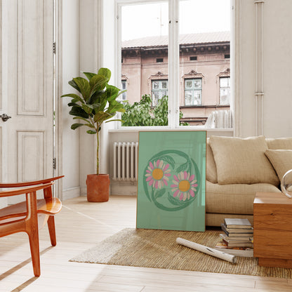 A cozy living room with a green cabinet and a potted plant near a sofa.