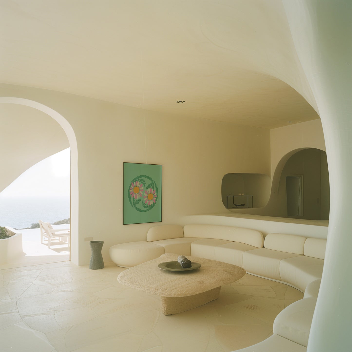 Curvilinear interior with beige sofa, round table, and a framed artwork, opening to a seascape.