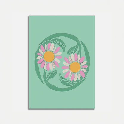 Abstract floral design on a green background.