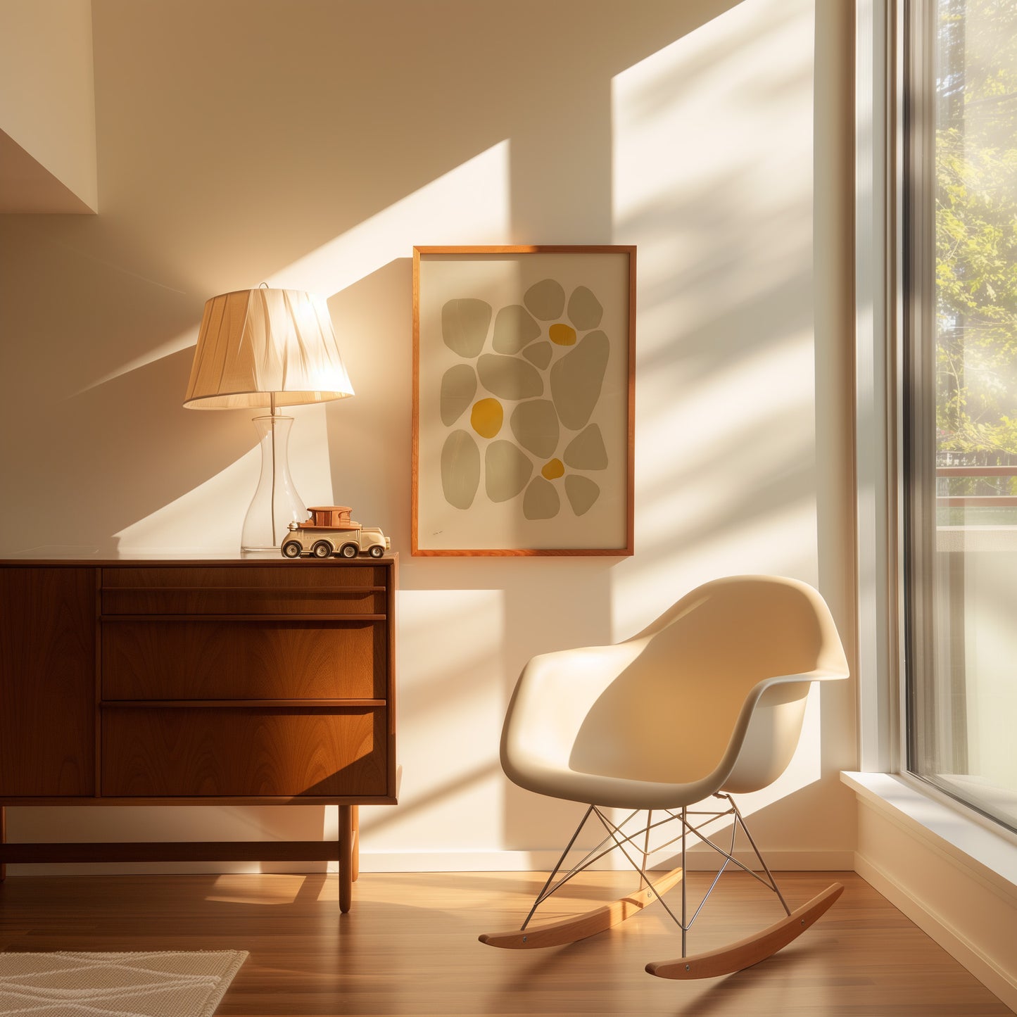 Cozy sunlit room with modern chair, wooden cabinet, lamp, and artwork.