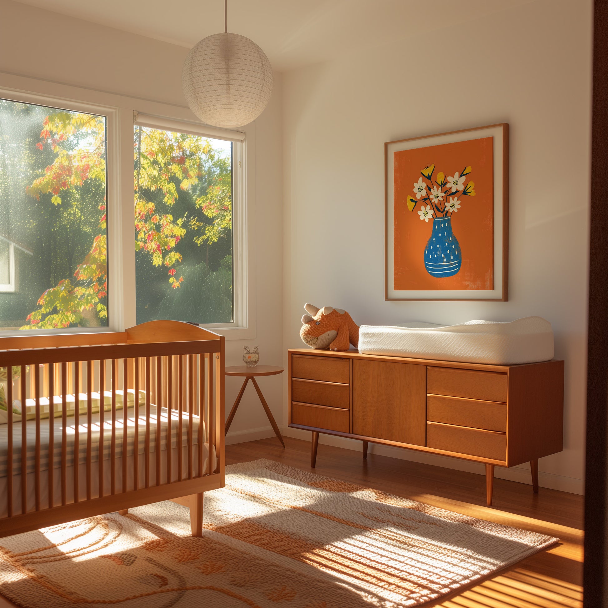 A cozy bedroom with a wooden bed and dresser, warm sunlight, and autumn trees visible outside the window.