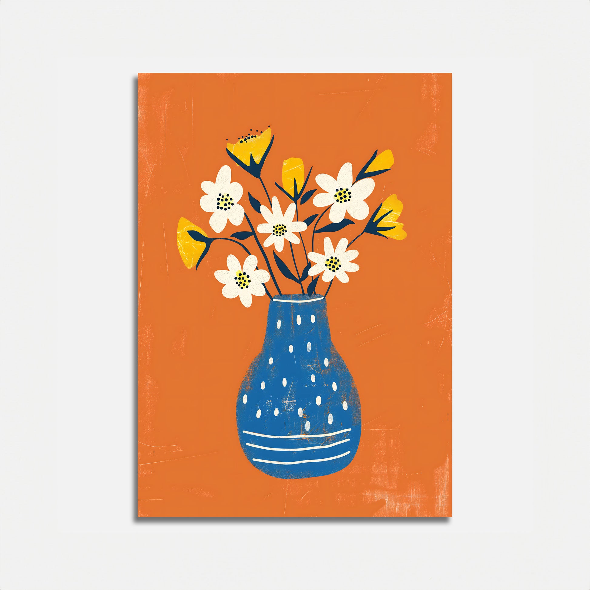 A colorful illustration of flowers in a blue vase against an orange background.