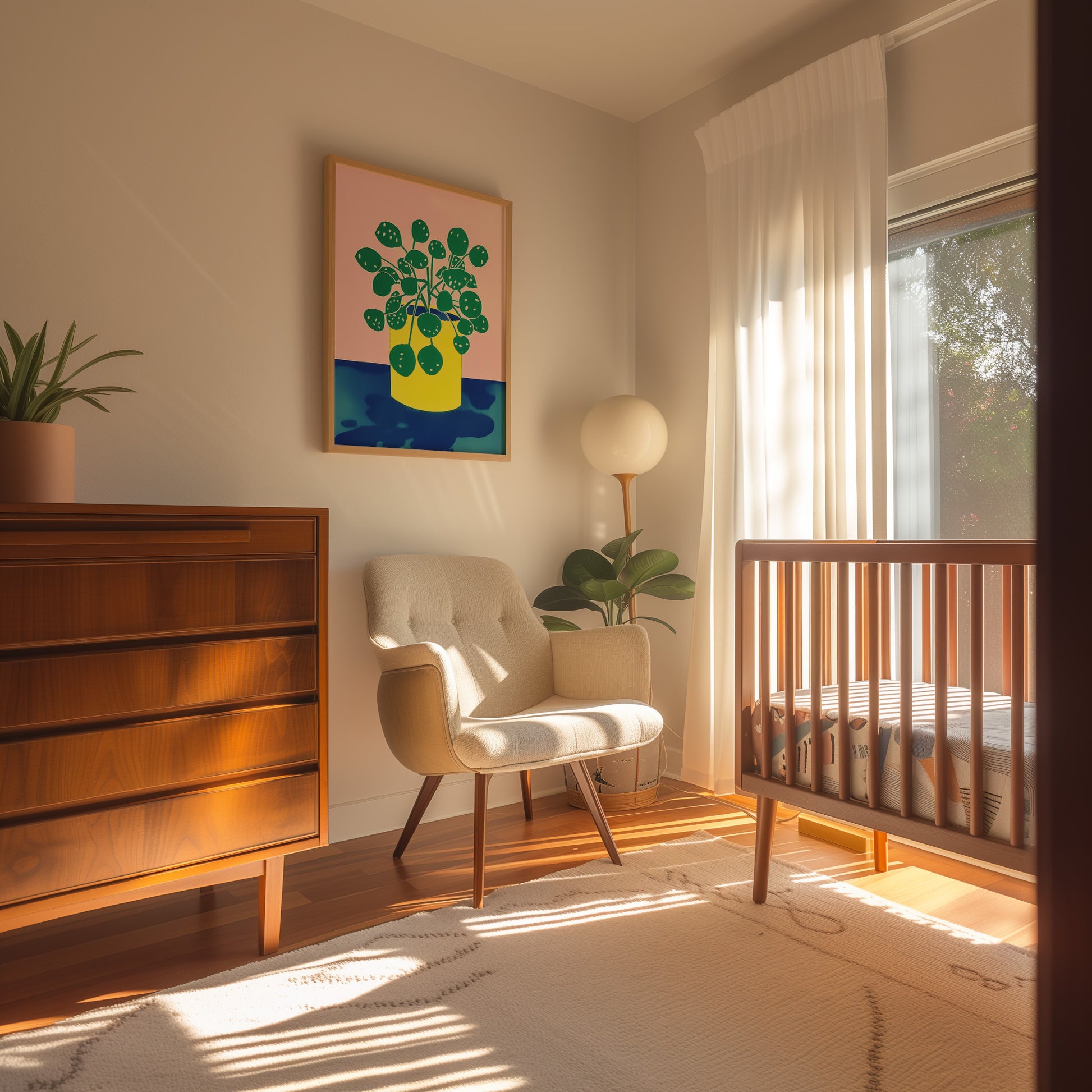 Cozy nursery room with a crib, armchair, and warm sunlight streaming in.