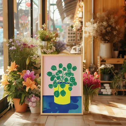 A cozy flower shop interior with vibrant plants and a framed painting.