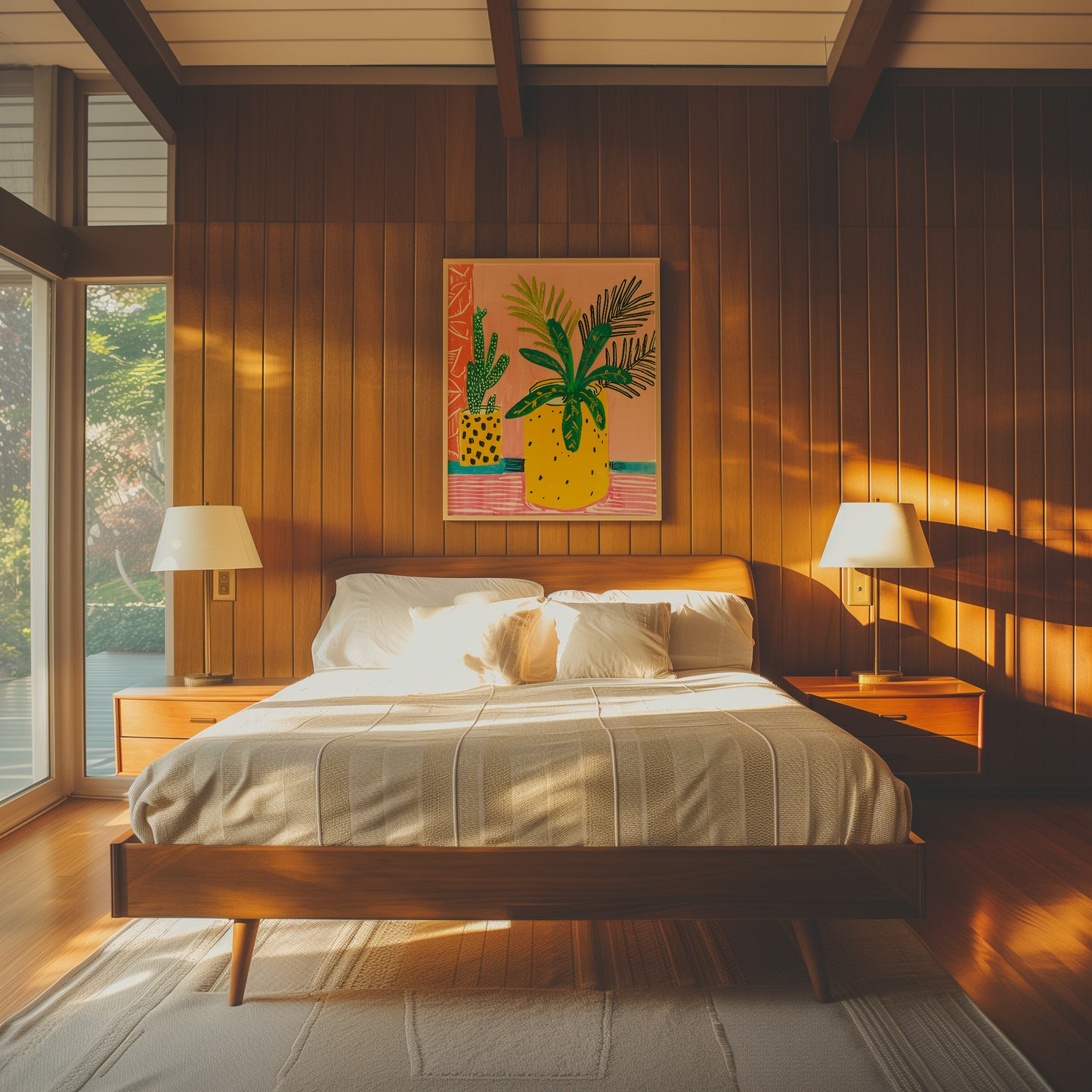 Sunlit cozy bedroom with a modern bed, wooden walls, and colorful artwork.