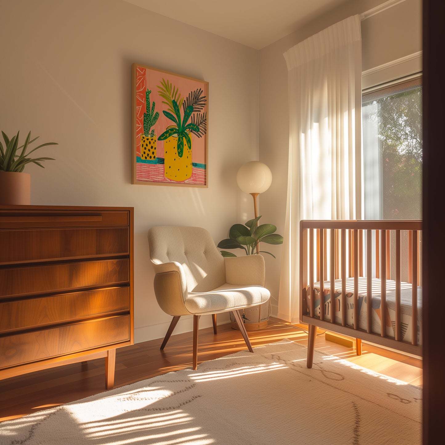 A cozy nursery room with a crib, armchair, and a plant during golden hour.