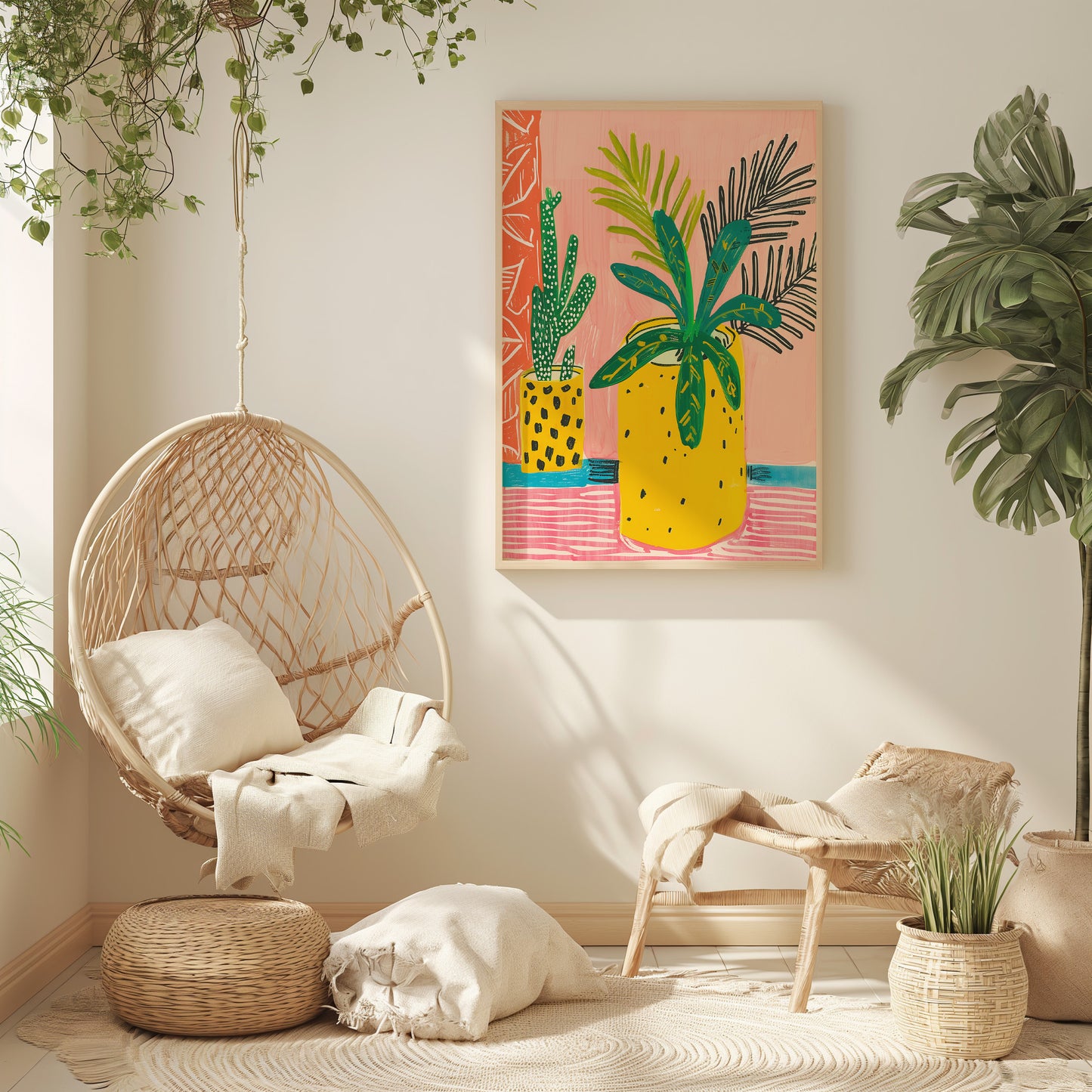 A cozy corner with a hanging wicker chair, tropical-themed wall art, and sunlit plants.