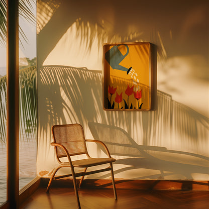 A cozy chair by a window casting shadows with a warm sunset glow and a painting on the wall.