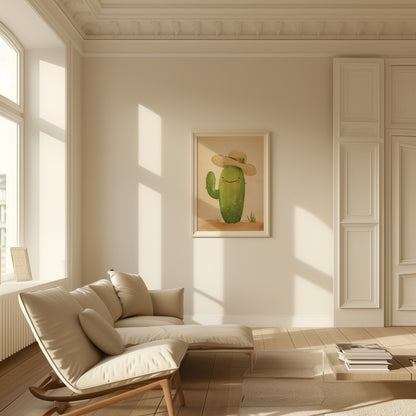 A bright living room with a white sofa and a painting of a cactus with a yellow hat on the wall.