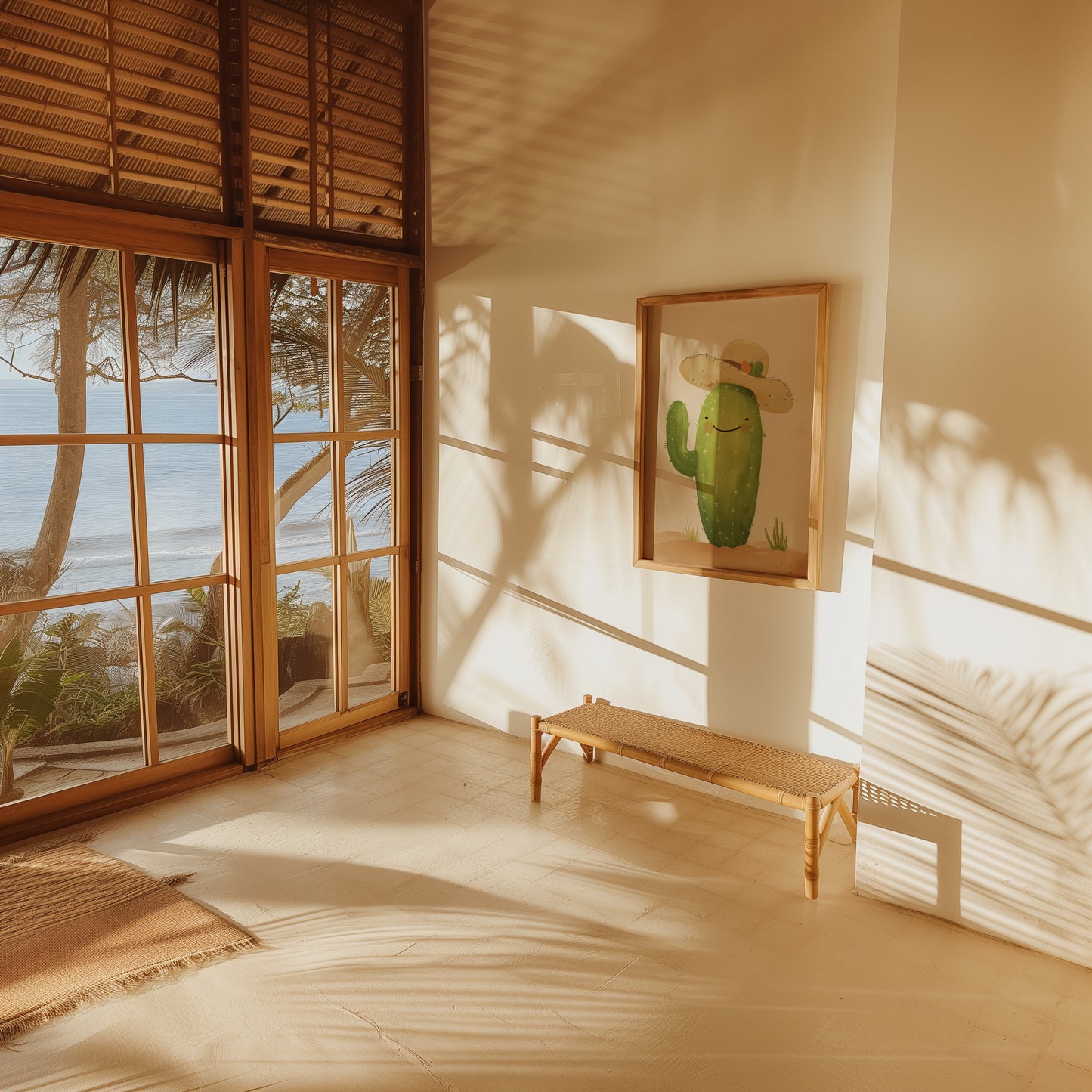 A bright, sunlit room with a cactus painting, large window overlooking the sea, and a wooden bench.