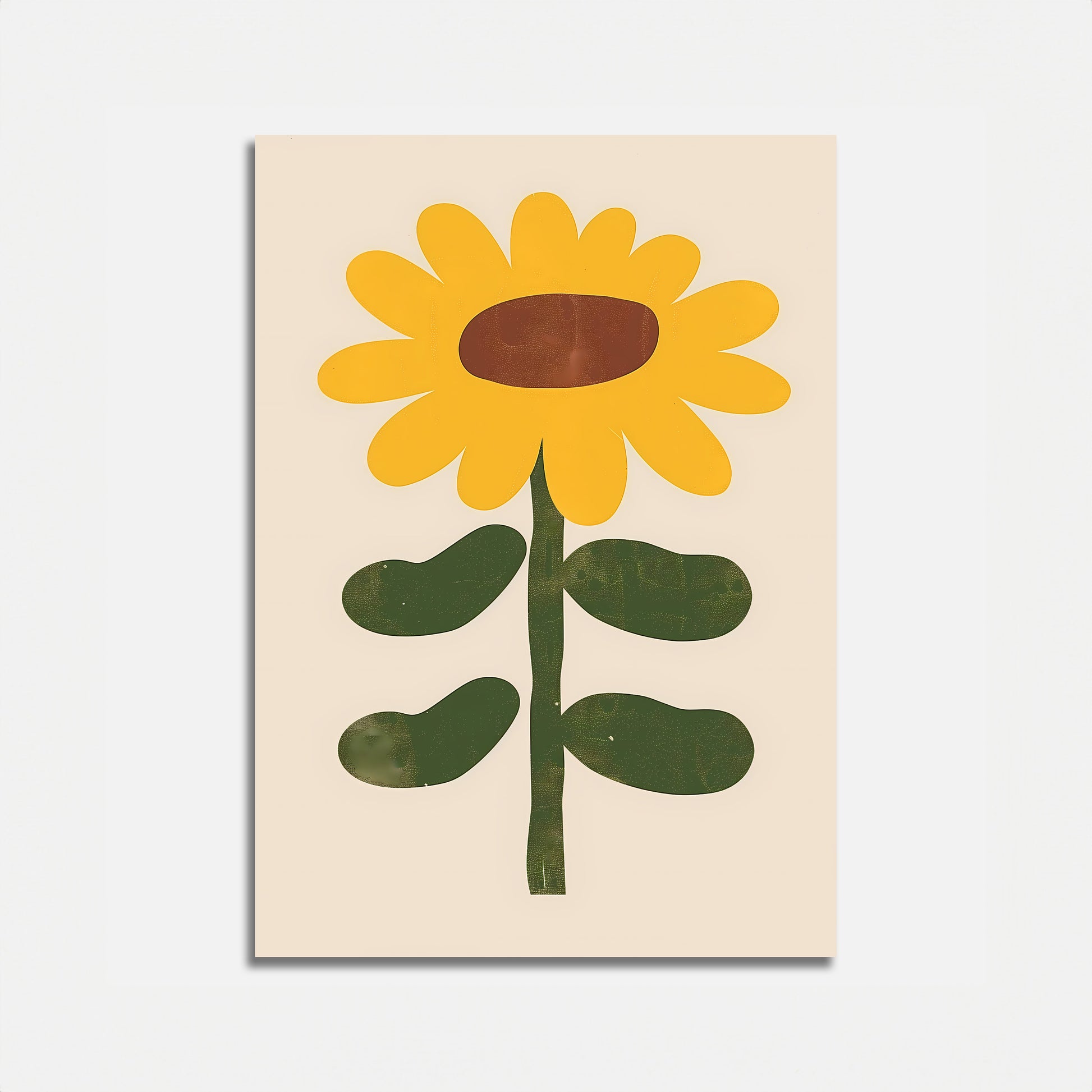 A stylized artwork of a yellow sunflower with a brown center on a light background.