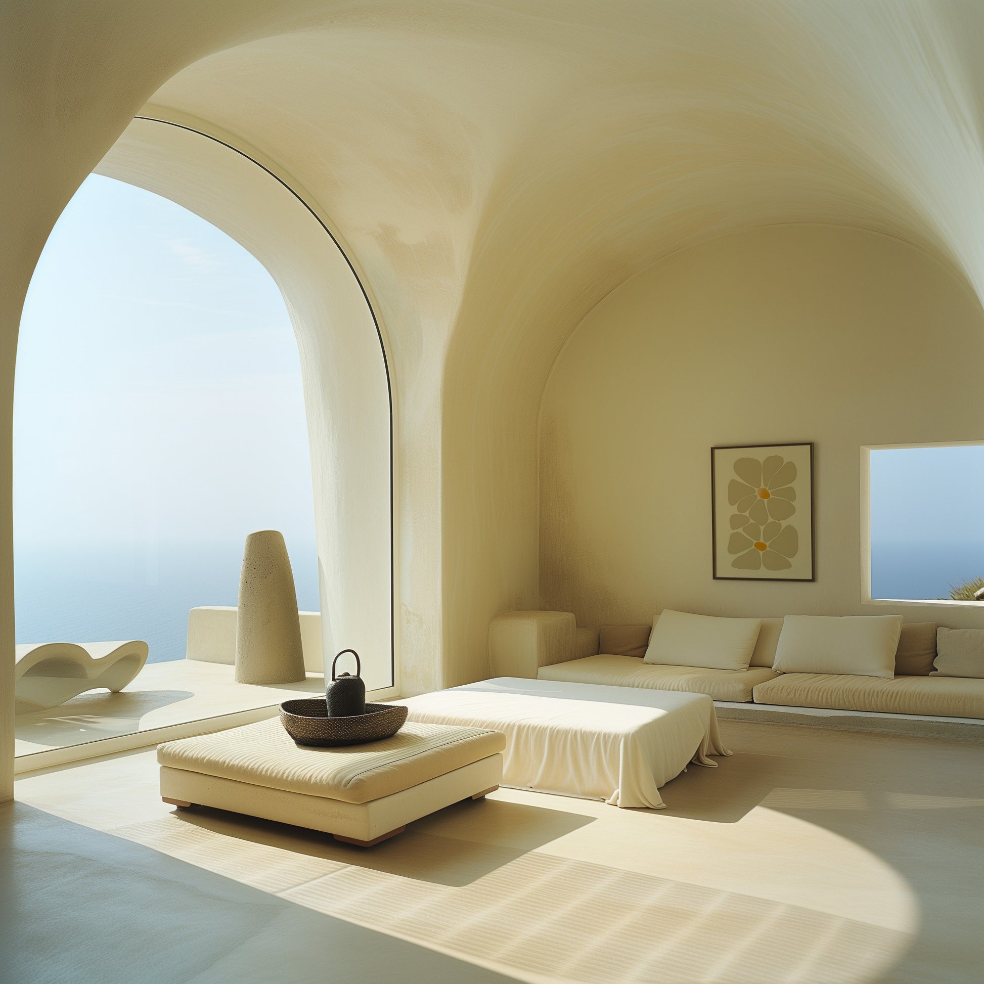 Minimalist interior design with arched window, beige tones, and sleek furniture.