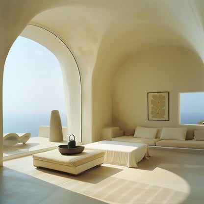 Minimalist interior design with arched window, beige tones, and sleek furniture.