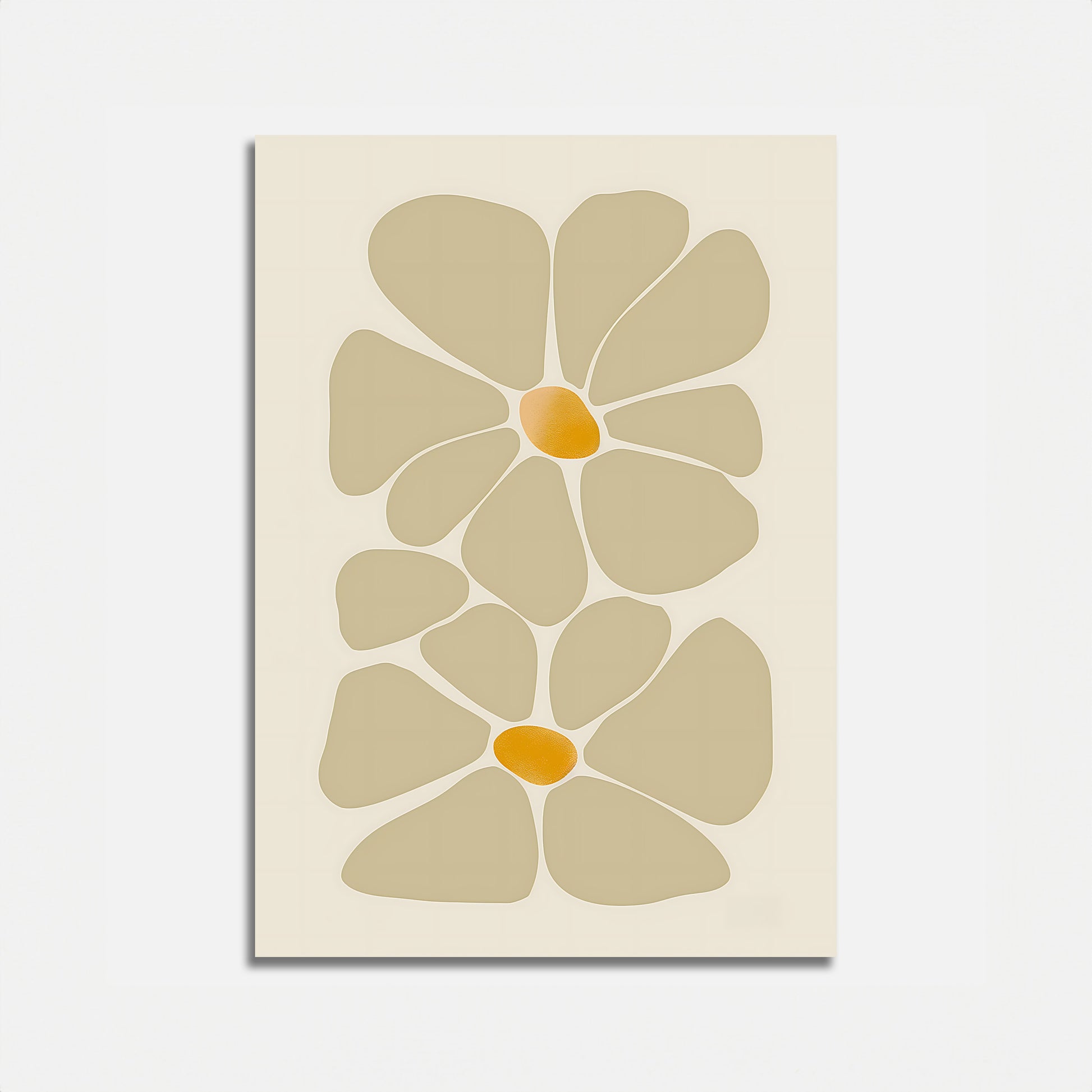 Abstract floral artwork with beige petals and yellow centers on a white canvas.
