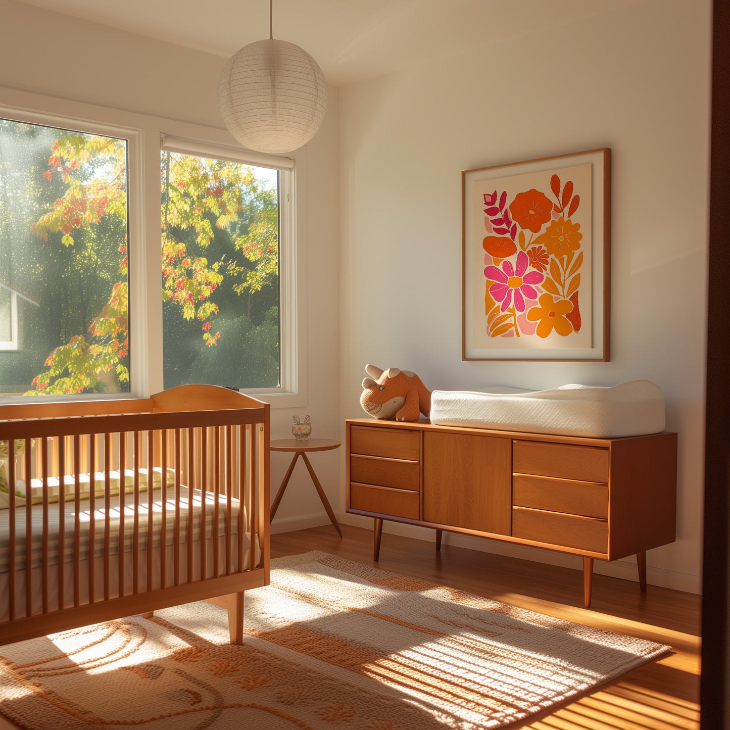 Sunny nursery room with a wooden crib, dresser, and colorful artwork near autumn trees outside the window.