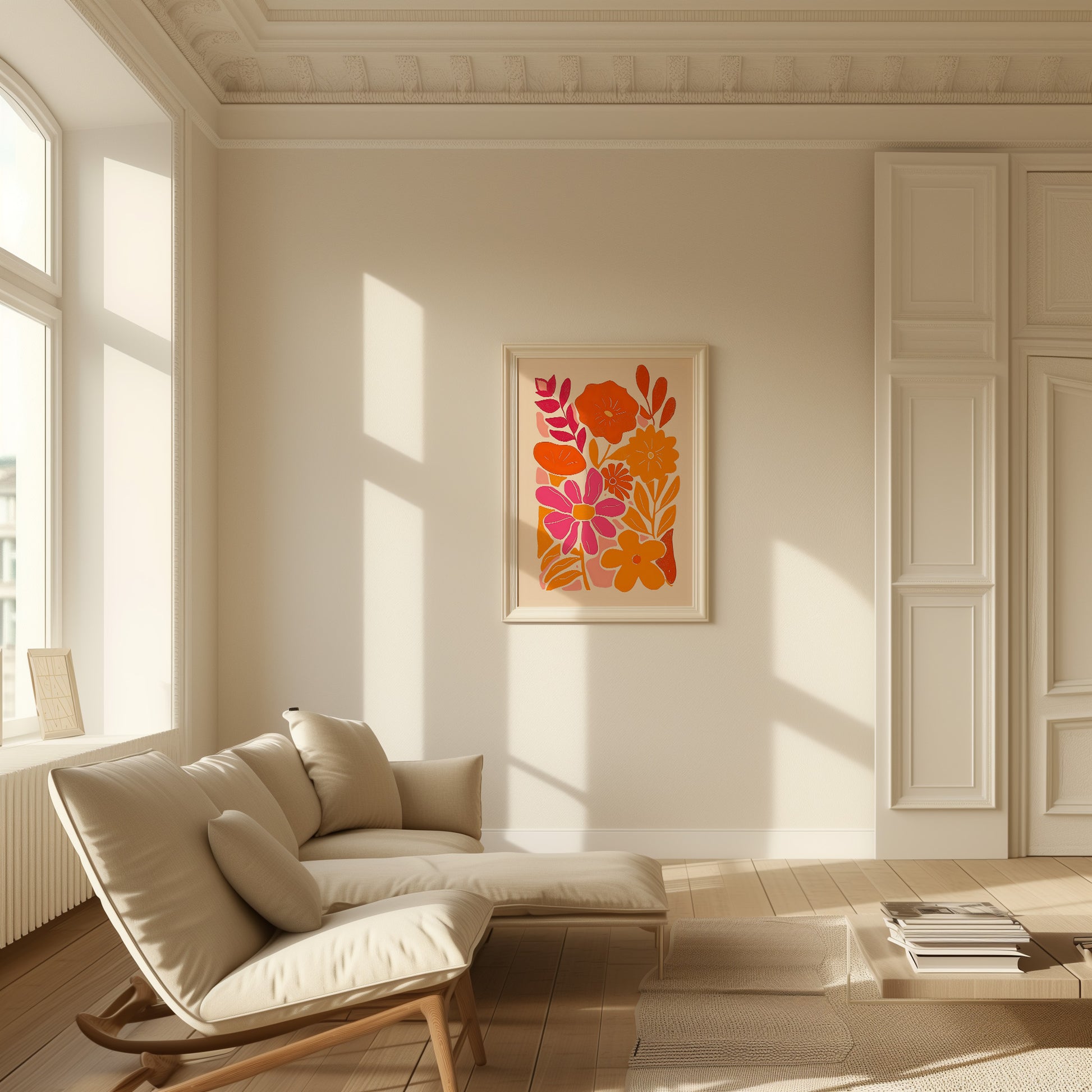 A cozy room with a couch and a colorful floral painting on the wall.