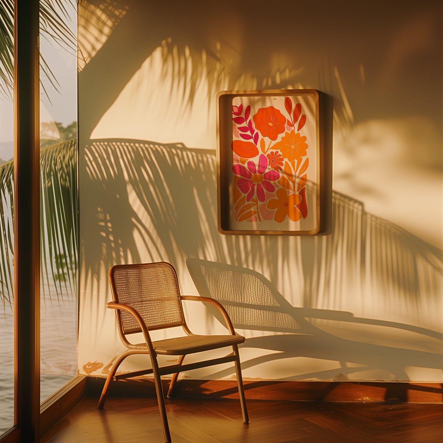 Cozy chair by a window casting shadow on a wall with a floral painting at sunset.
