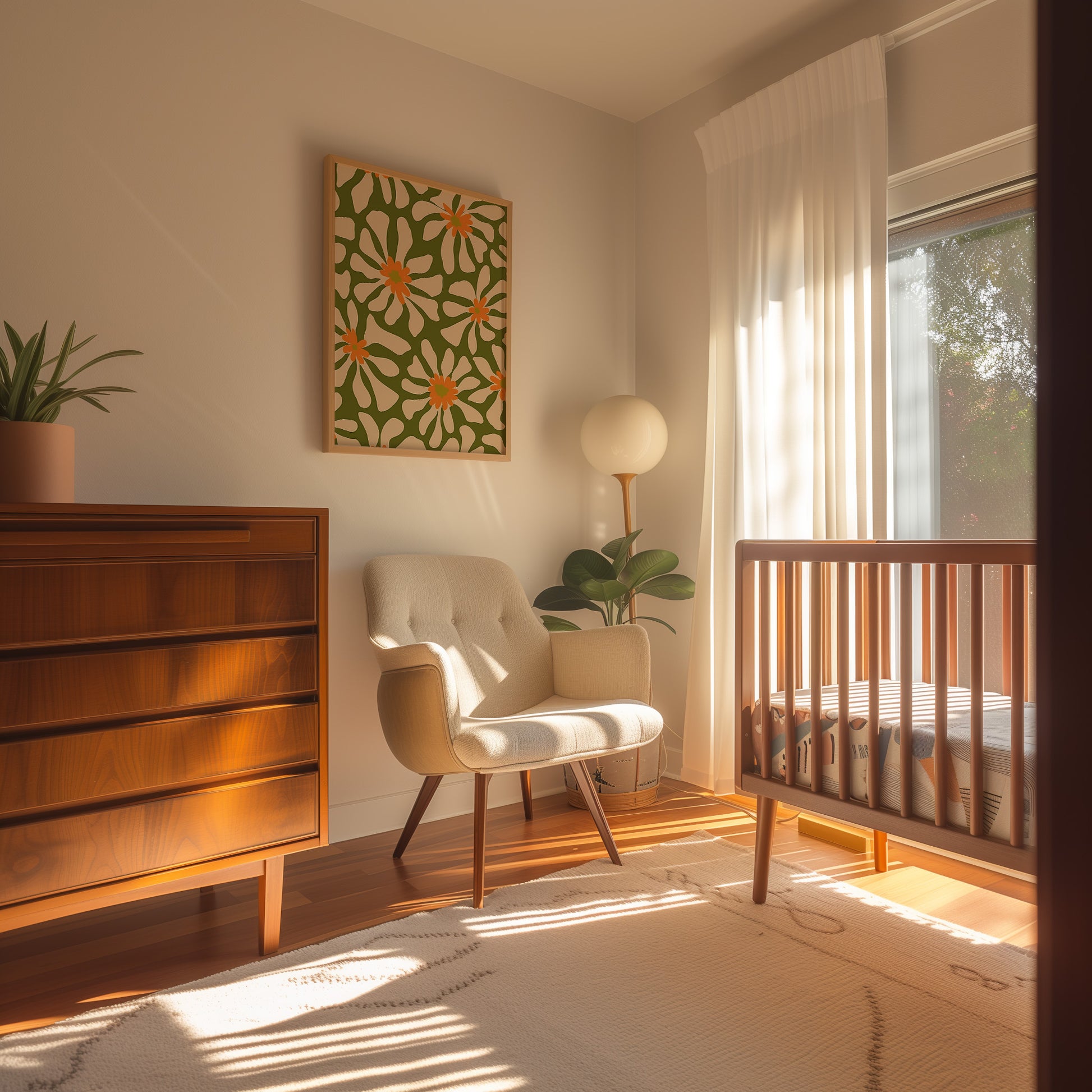 Cozy nursery room with a crib, armchair, and wooden furniture at sunset.