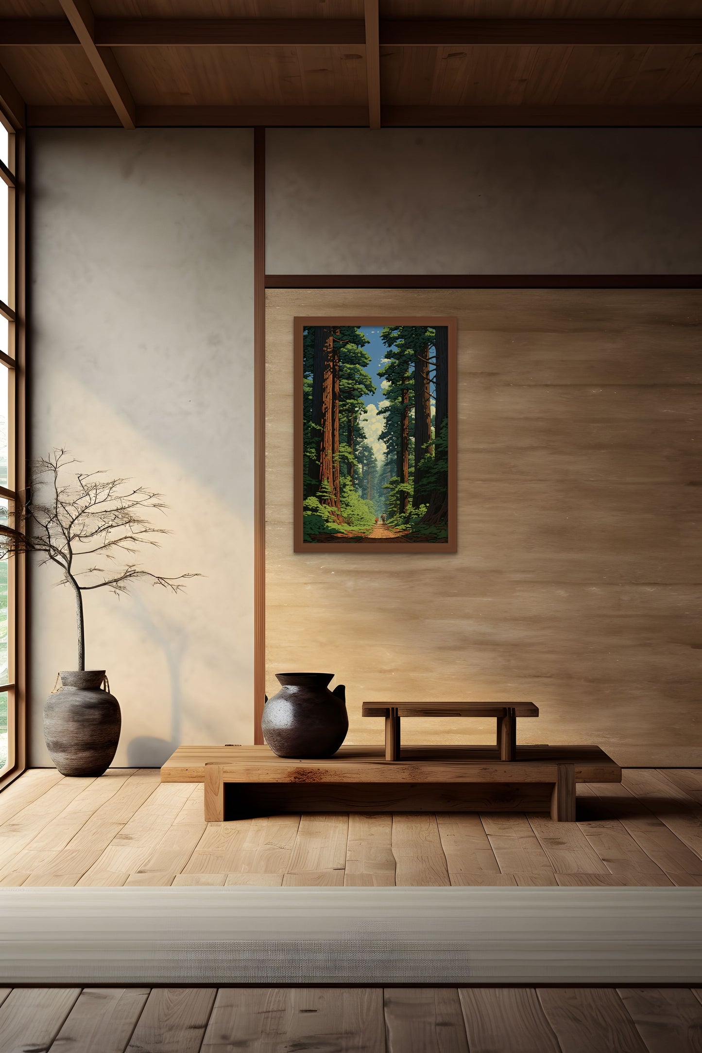 A serene Zen interior with wooden bench, pots, and a forest painting on the wall.