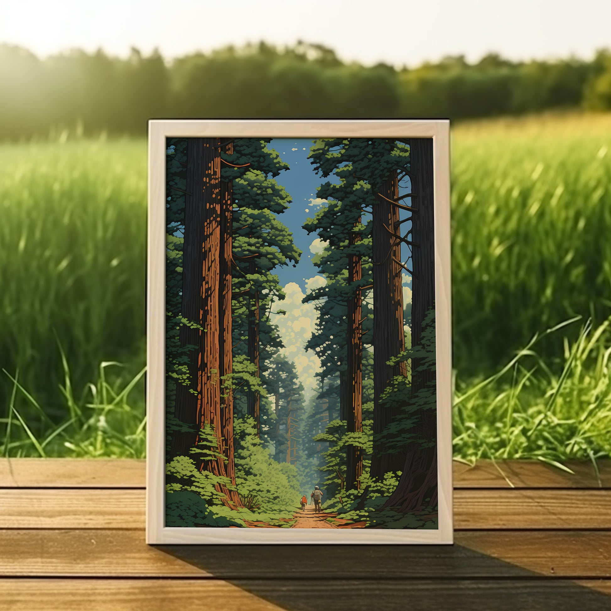 Framed illustration of a forest scene placed on a wooden surface outdoors.