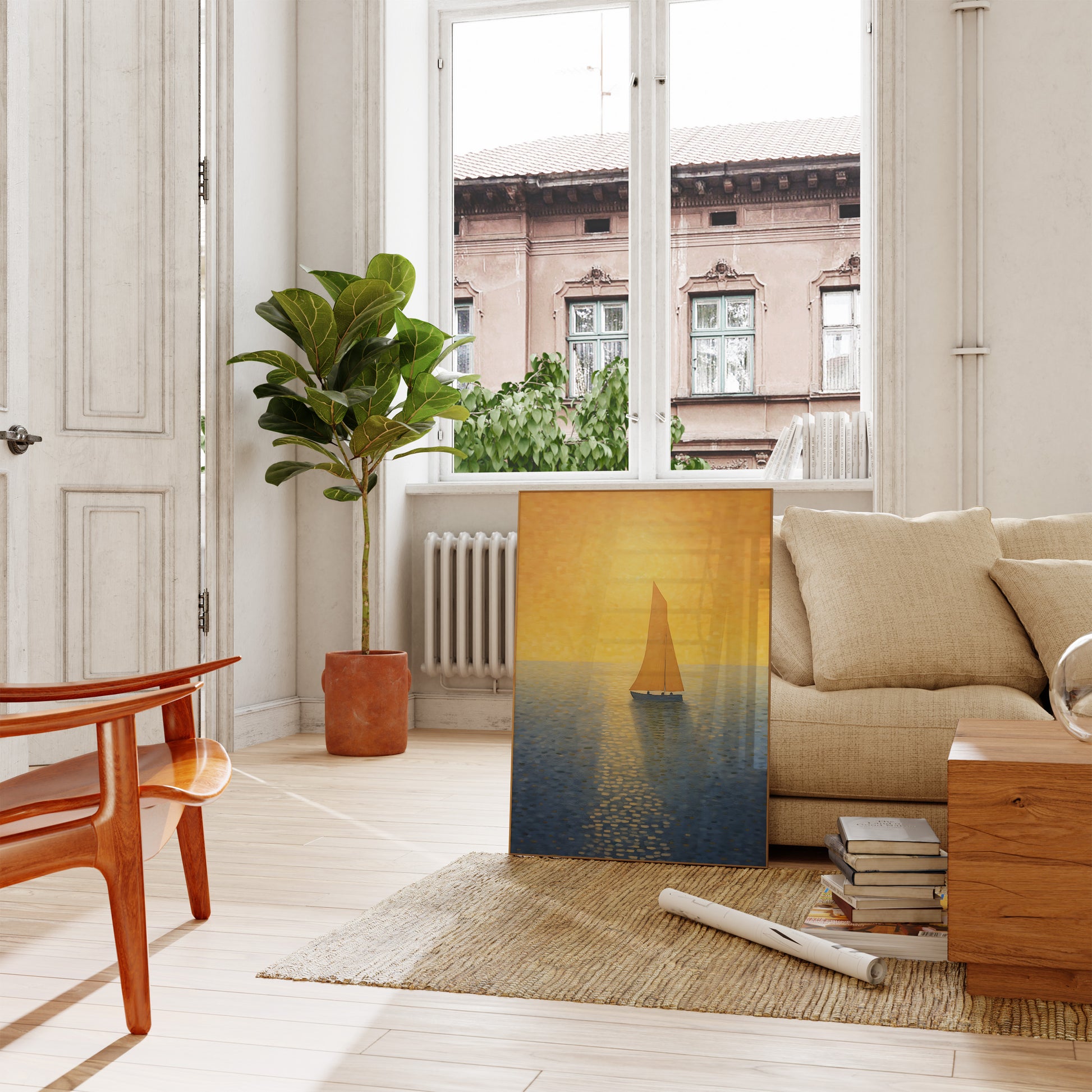 A cozy living room interior with a painting of a sailboat, a sofa, and a houseplant.