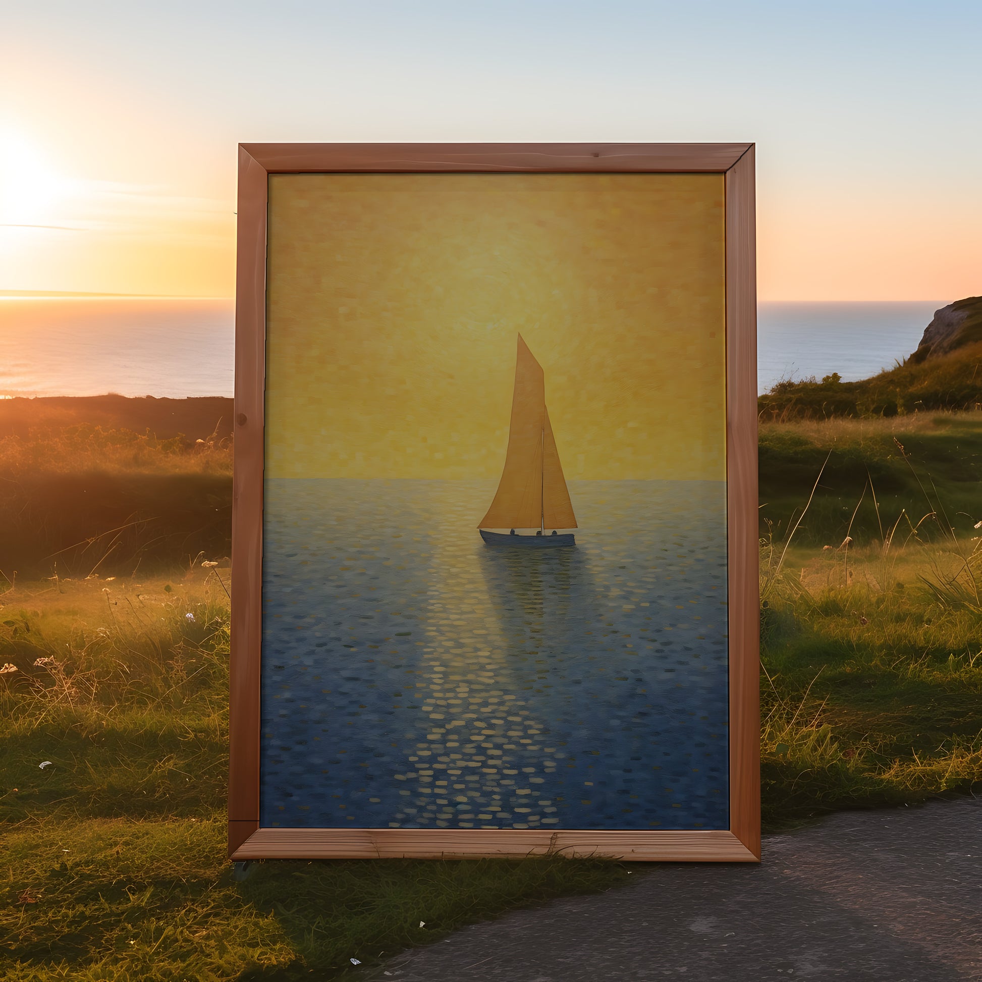 A painting of a sailboat at sunset displayed in a frame standing outdoors.