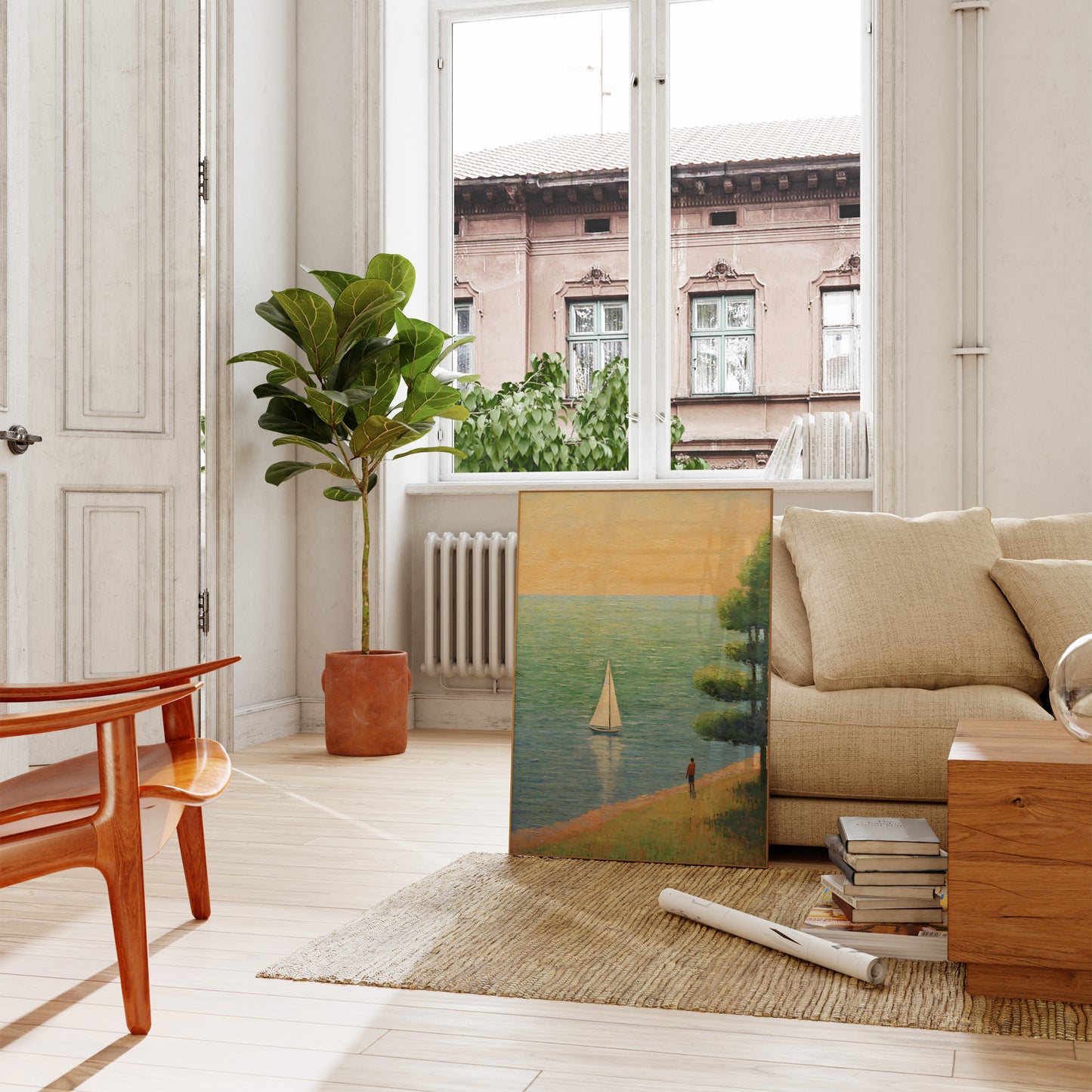 A cozy living room with an open door, a plant, artwork, and modern furniture.