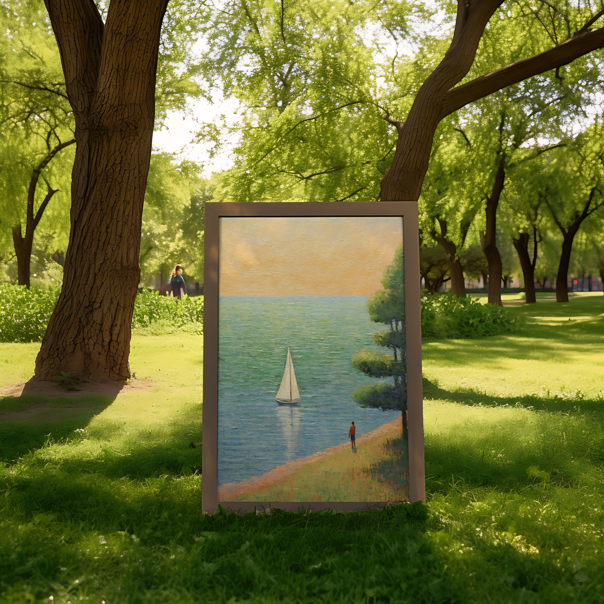 Painting of a sailboat on water within a park, seamlessly blending with the natural surroundings.
