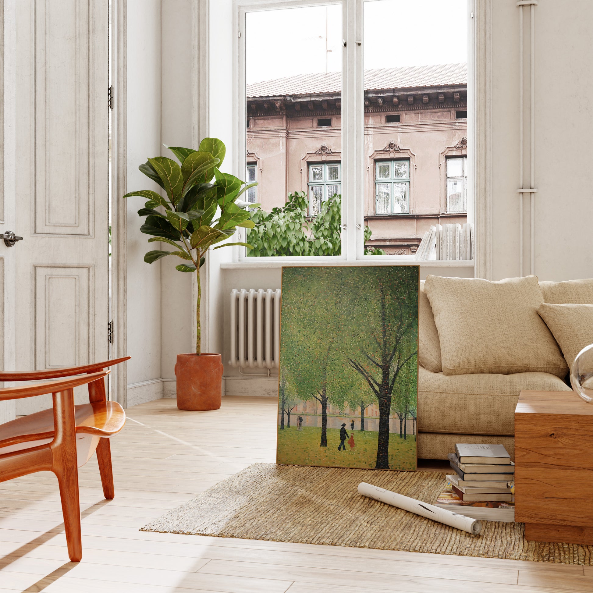 A cozy living room with a sofa, wooden table, potted plant, and a painting leaning against the wall.