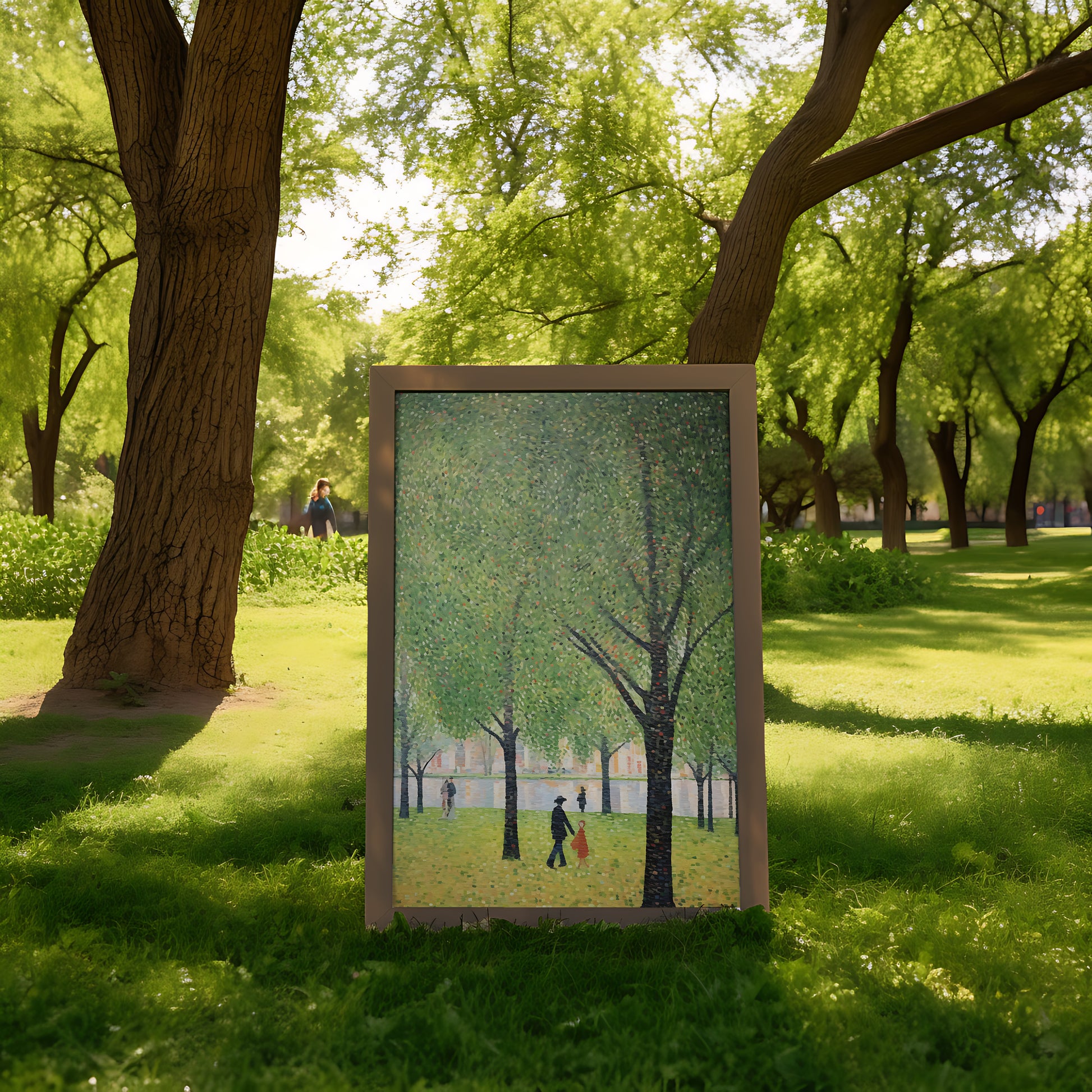 A painting of people and trees standing in a park, blending with the real park in the background.