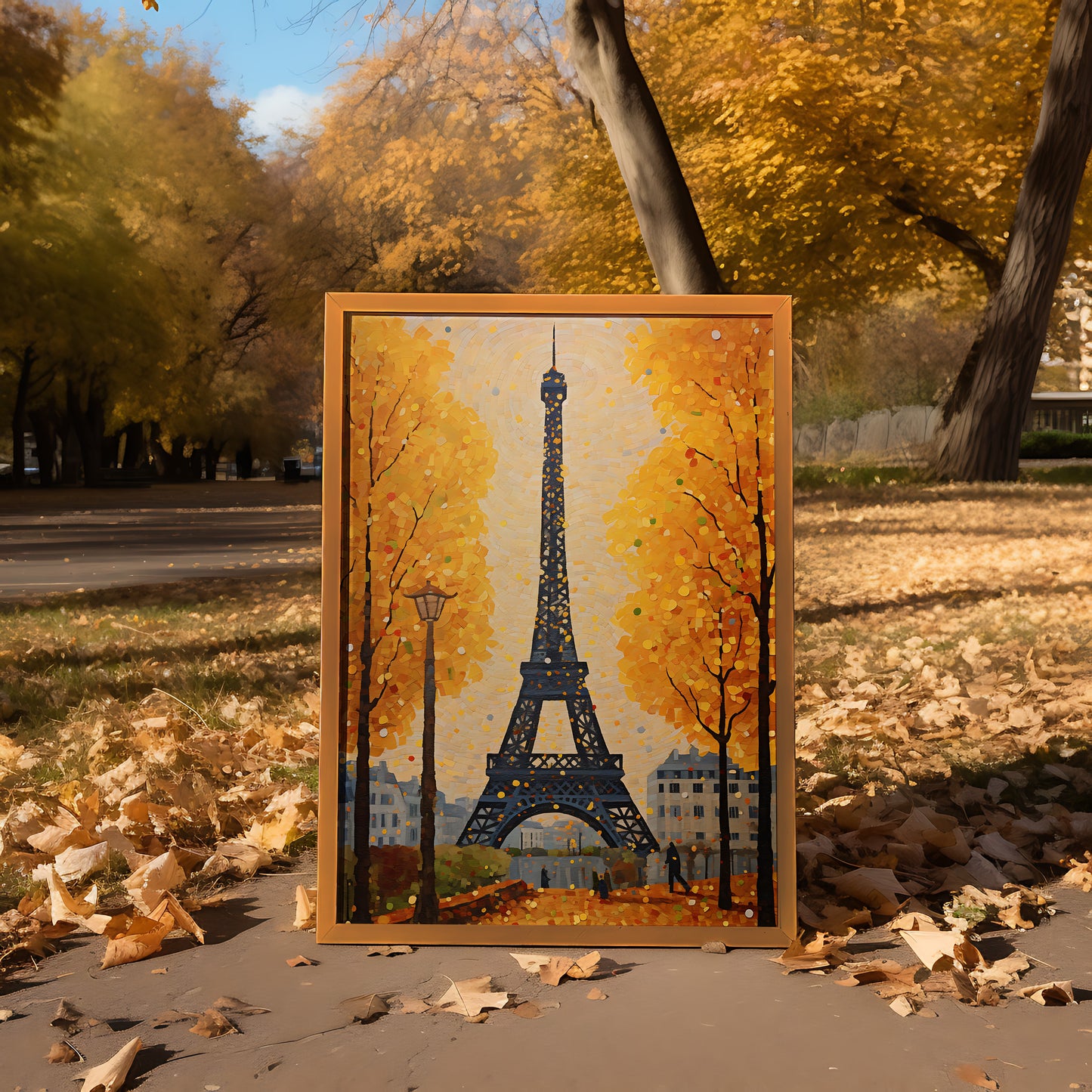 A painting of the Eiffel Tower in autumn displayed outdoors surrounded by fallen leaves.