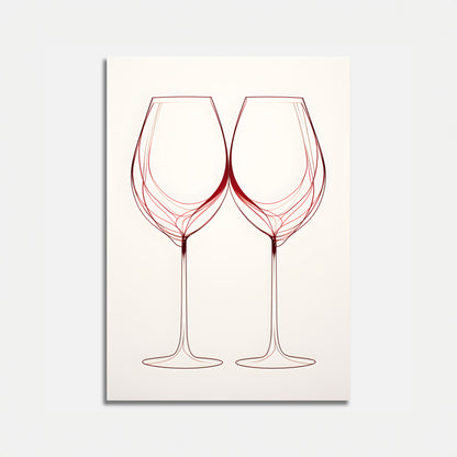 Two stylized wine glasses with red swirling lines on a white canvas.