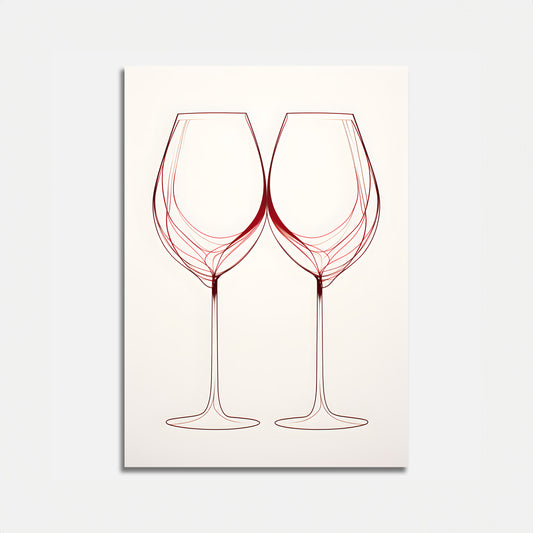 Two stylized wine glasses with red swirling lines on a white canvas.