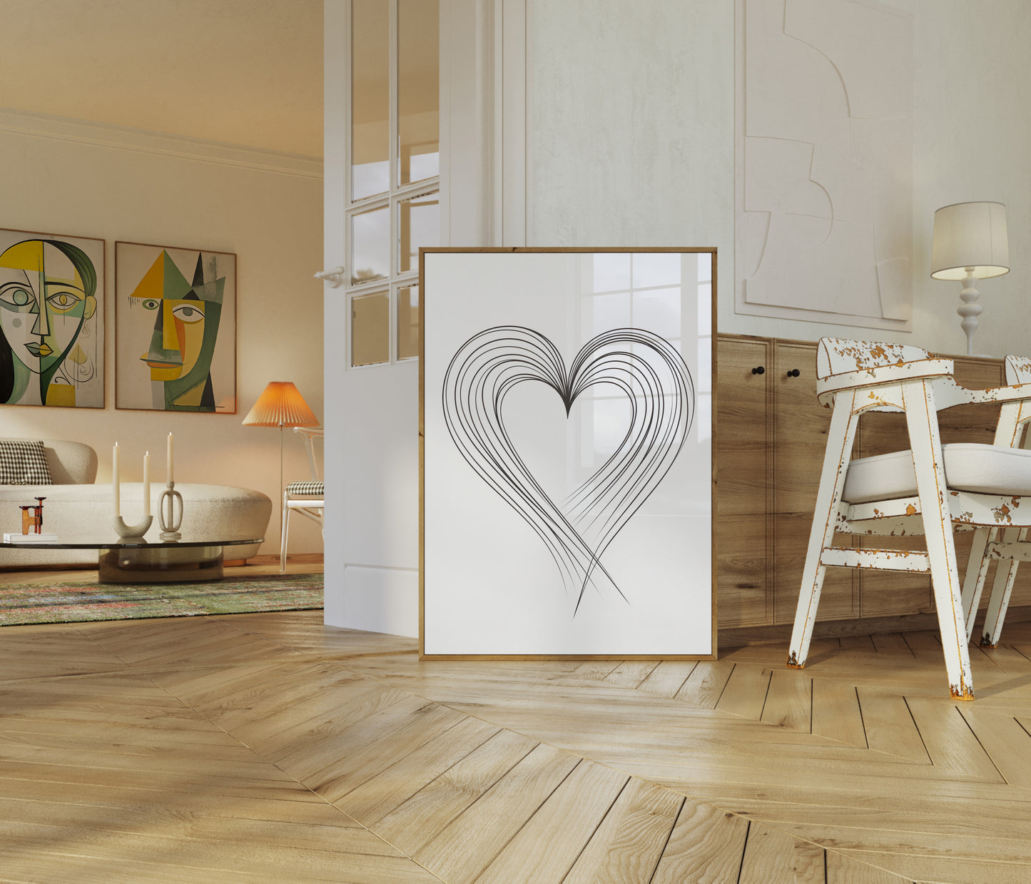 A modern living room with a large heart sketch leaning against a wall.