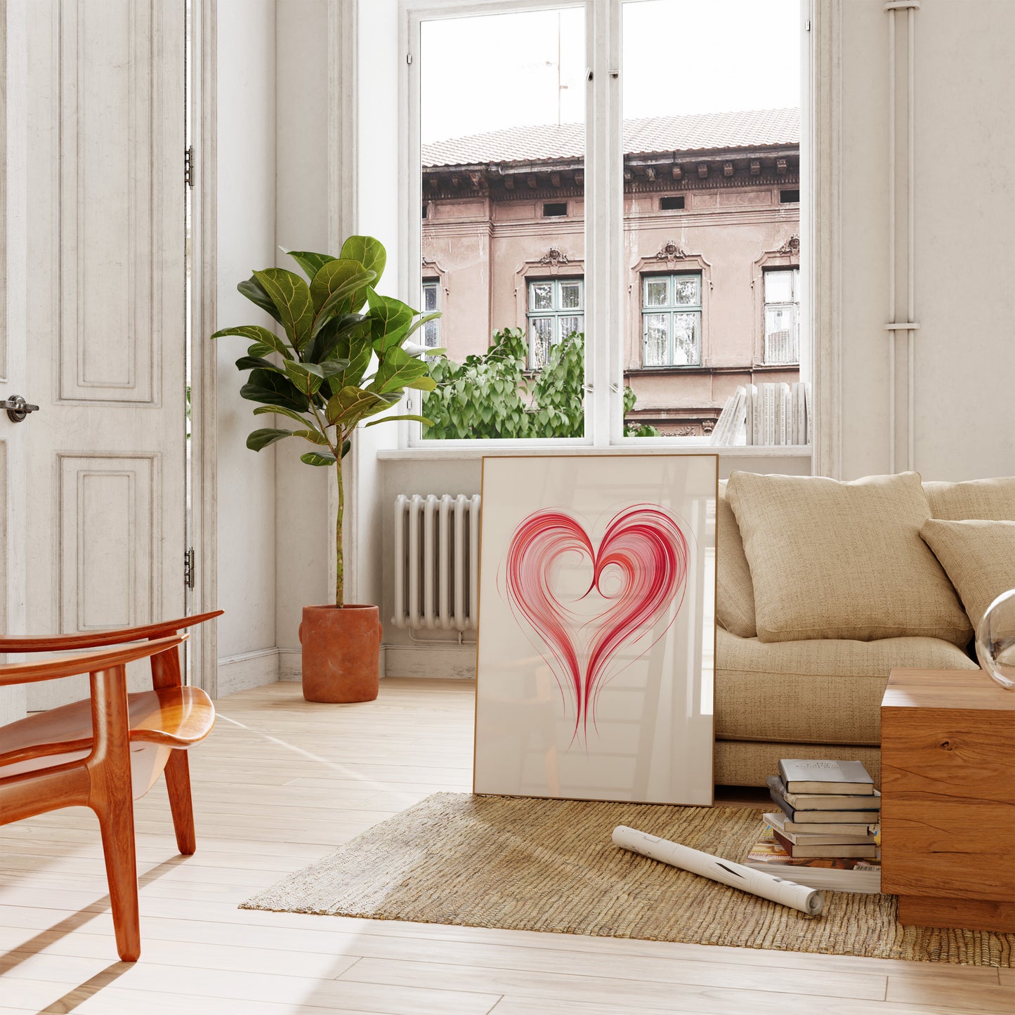 A cozy living room with a heart artwork on the floor and a green plant beside a sofa.