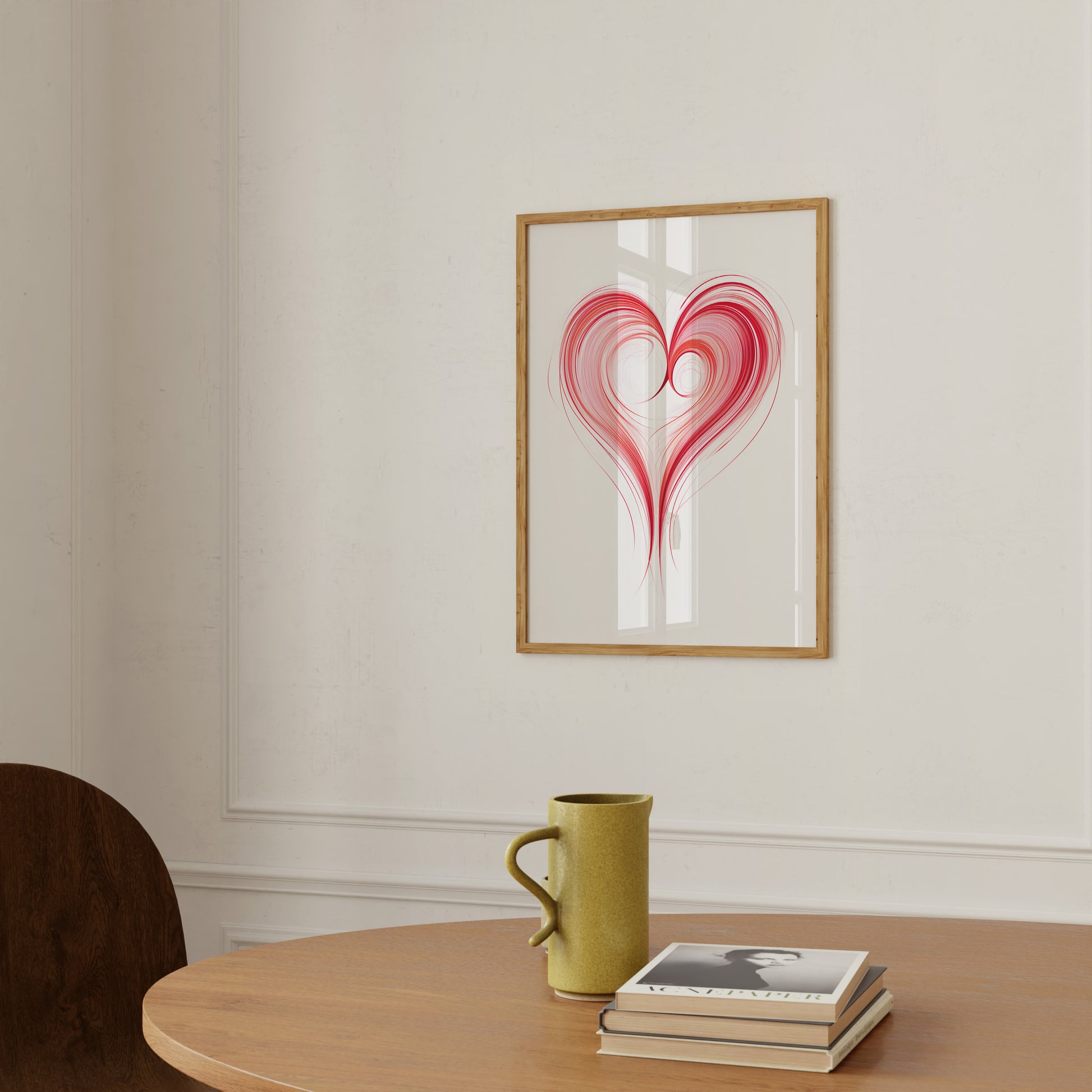 A framed heart-shaped artwork on a wall above a table with a mug and books.
