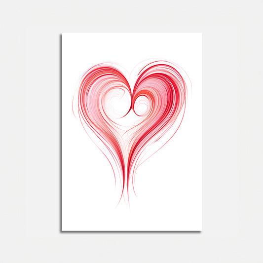 Abstract heart-shaped design with red swirls on a white background.
