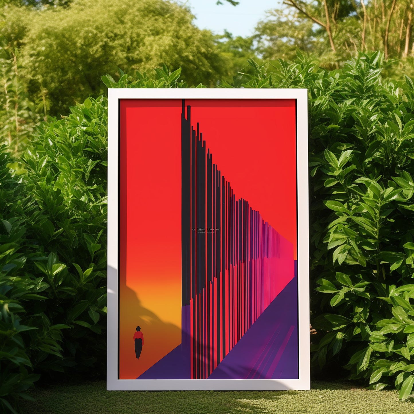 A framed artwork of a sunset with abstract shapes and a lone silhouette, displayed outdoors between green bushes.