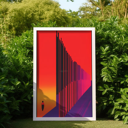 A framed artwork of a sunset with abstract shapes and a lone silhouette, displayed outdoors between green bushes.