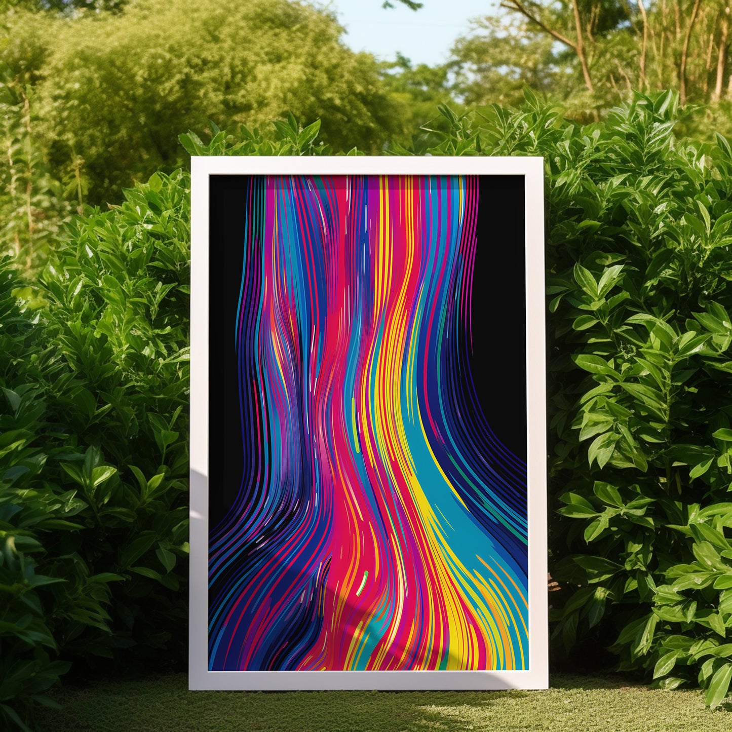 Abstract colorful wavy lines art in a frame surrounded by green bushes.