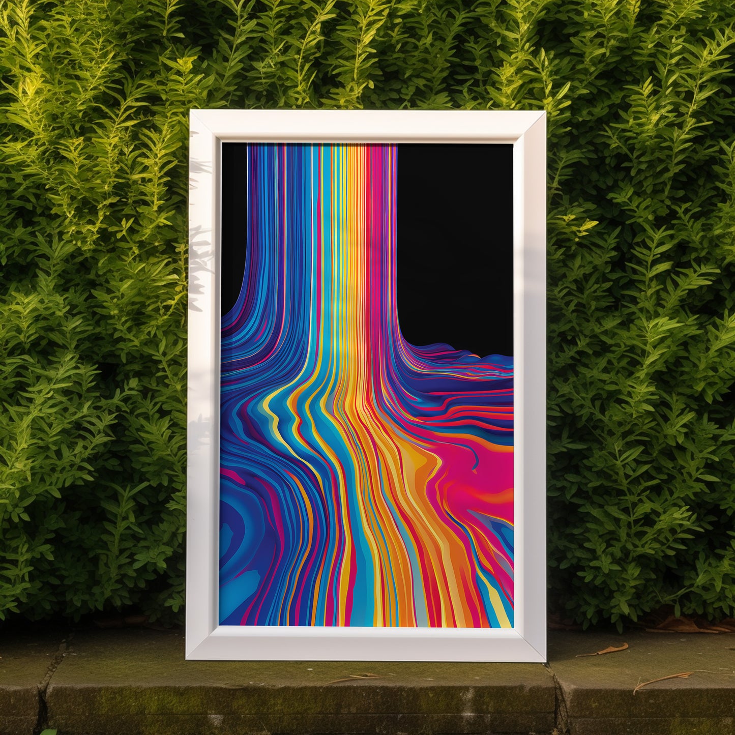 A colorful abstract painting with flowing lines in a white frame against a hedge background.