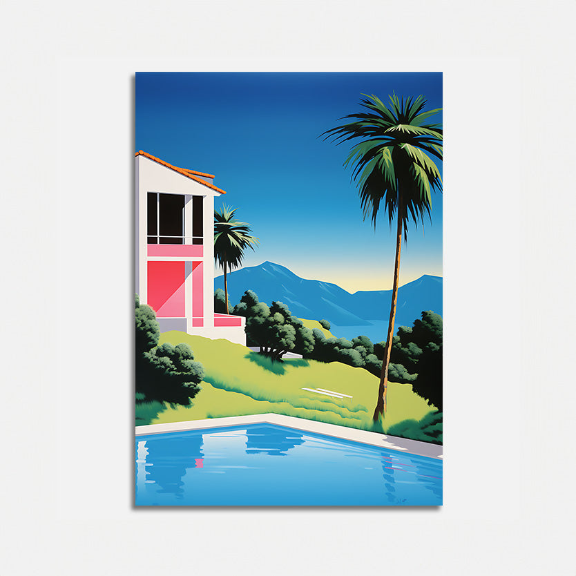 A colorful illustration of a house with palm trees and mountains in the background, reflecting in a pool in the foreground.