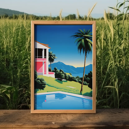 A framed illustration of a scenic view with palm trees, a house, and mountains, placed outdoors.