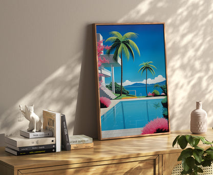 A framed tropical landscape poster beside books on a wooden console in a sunny room.